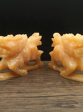 天然黄玉麒麟摆件一对玉石母子麒麟家居客厅乔迁入宅公司装饰摆设