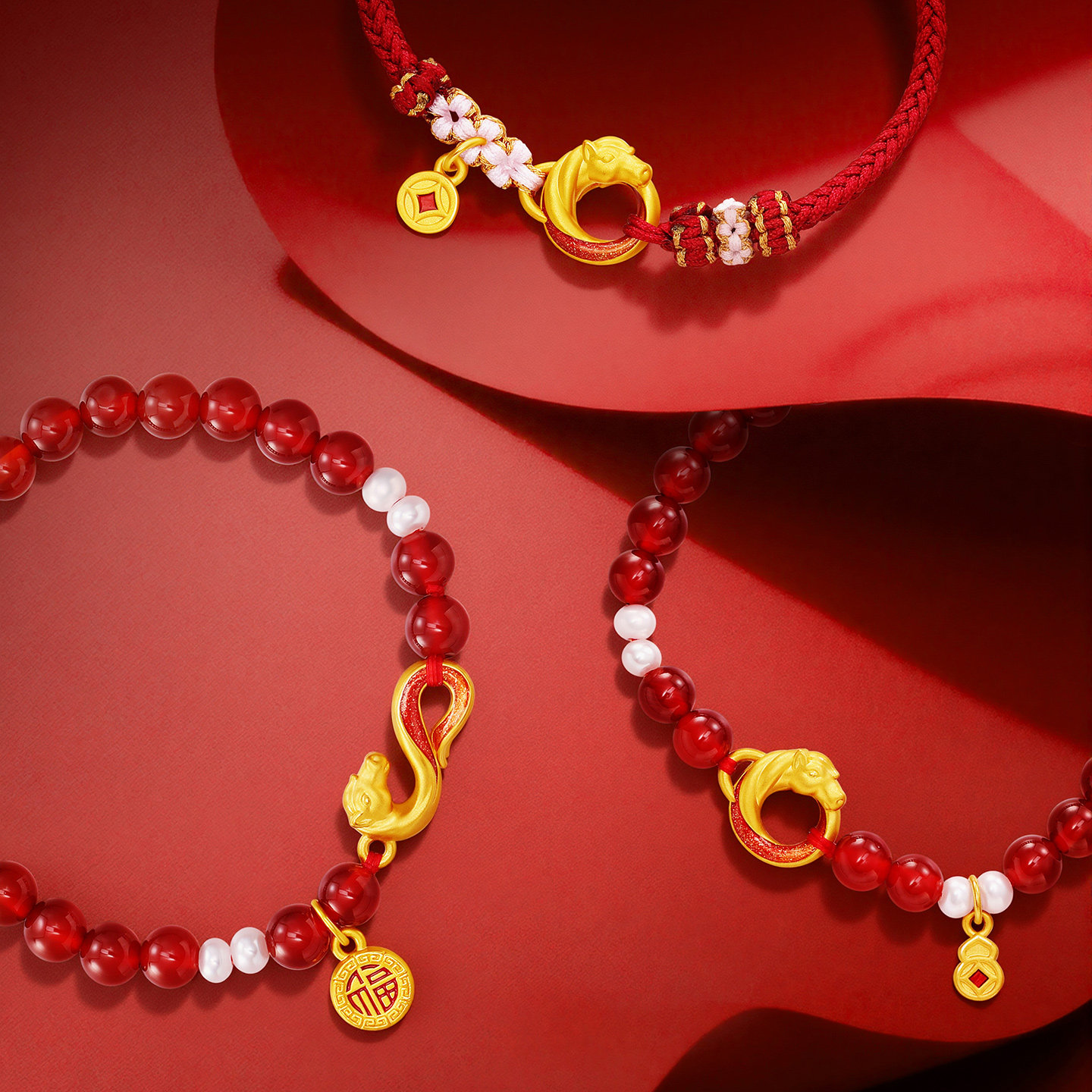 潮宏基五福马黄金珍珠玛瑙手链足金手串手绳硬金平安扣骐骥红绳,淘宝优惠券,粉丝福利购,淘宝优惠卷