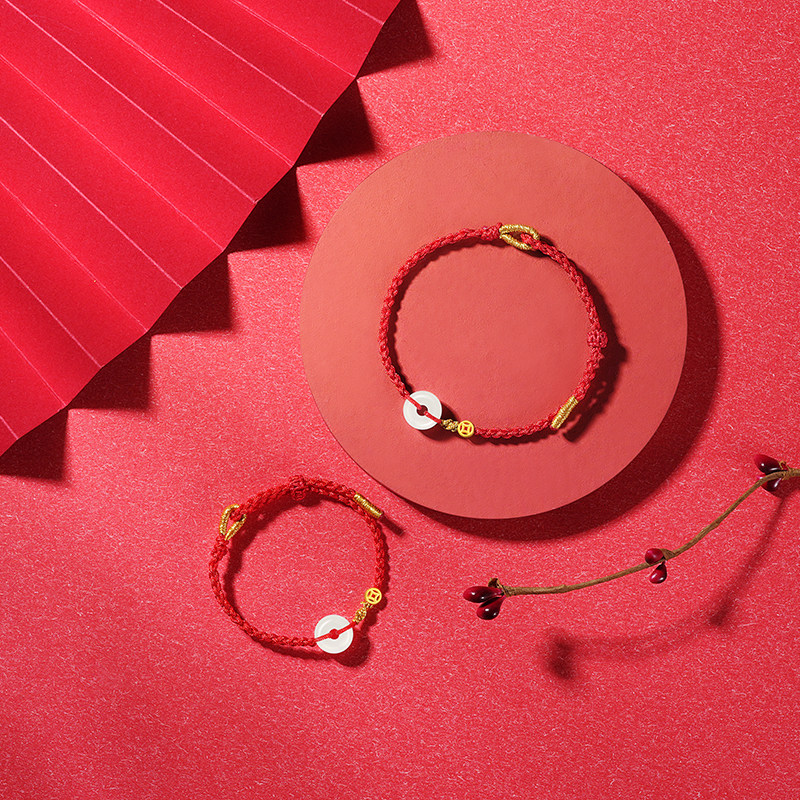 潮宏基好事发生足金翡翠手绳黄金手链铜钱平安扣亲子宝宝新年礼物,淘宝优惠券,粉丝福利购,淘宝优惠卷