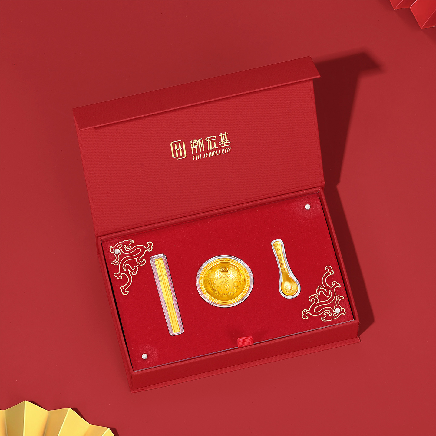 潮宏基宝护福佑一生富贵黄金饭碗礼盒足金摆件送宝宝投资金L礼物 - 图2