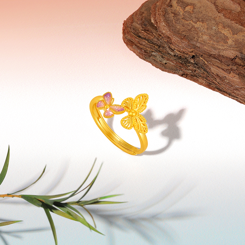 潮宏基蝶舞足金戒指古法黄金戒圈九紫离火蝴蝶珐琅生日礼物 Q卟 - 图2