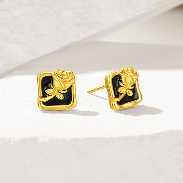 Trendy Acer Royal Style Series Black Rose Pure Gold Earrings Gold 5D Hard Gold Glossy Paint Valentine's Day Gift