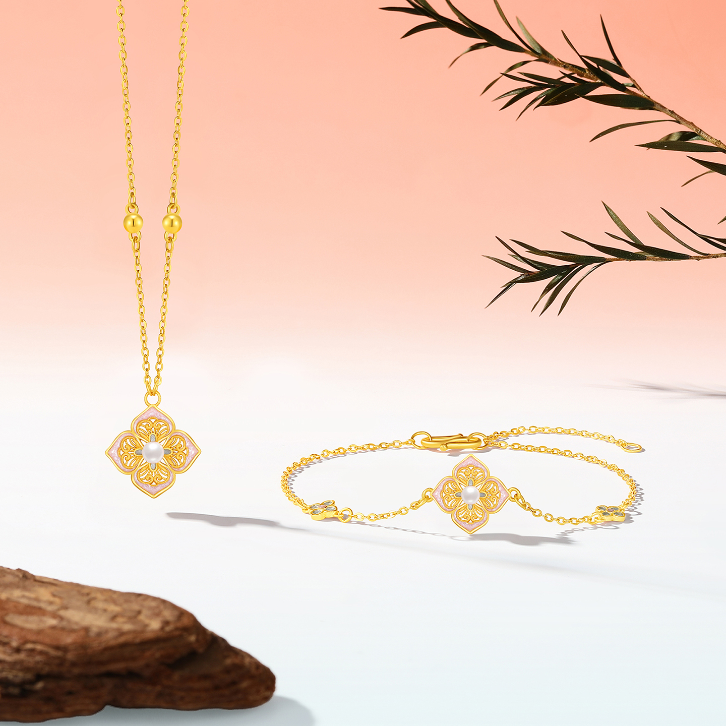 潮宏基花韵足金珍珠项链四合如意黄金镶嵌坠链套链珐琅生日 计价 - 图1