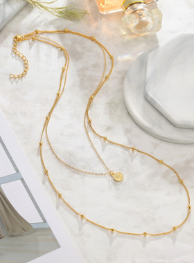 潮宏基至简银项链925银女王吊坠双层硬币复古女套链