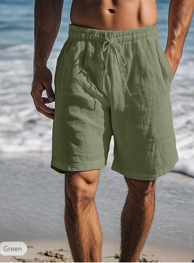 2025夏季新款抽绳松紧腰短裤直腿纯色透气沙滩五分裤Men's shorts