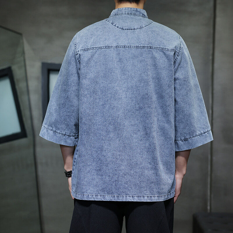 中国风男夏季薄牛仔七分袖衬衫复古宽松大码唐装立领盘扣改良汉服,淘宝优惠券,粉丝福利购,淘宝优惠卷