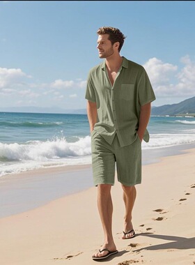 Men's linen collar breathable short sleeved shirt beach set