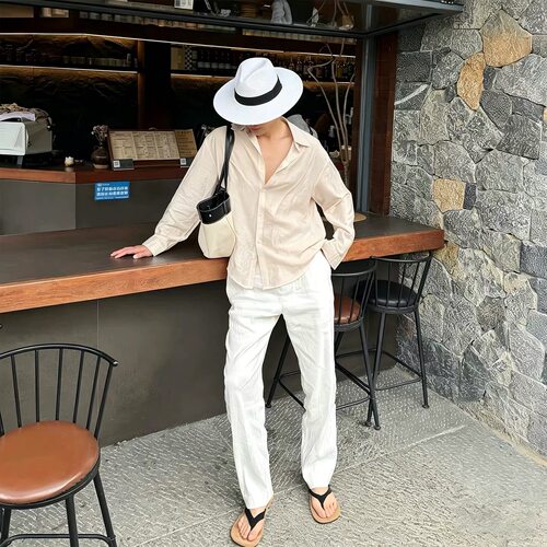意式极简老钱风亚麻衬衫套装男士夏季薄款松弛感防晒外套两件套 - 图3