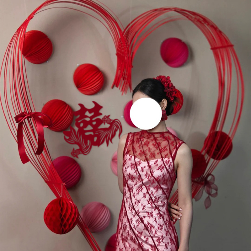 婚房布置装饰套装喜字2025男女方酒店卧室简单竹条爱心喜字蜂窝球 - 图0