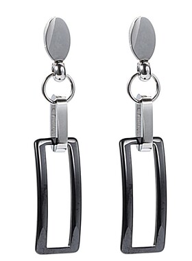 新款欧美气质时尚黑白陶瓷长方形立体镂空不锈钢配件项链耳环套装