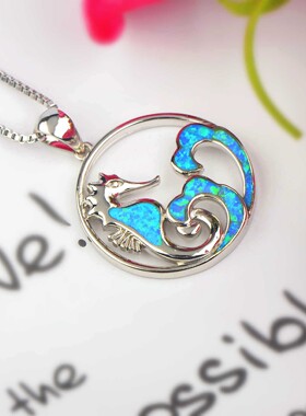 新款亚马逊爆款ins风欧美风蓝色澳宝海马项链波浪吊坠毛衣链欧珀