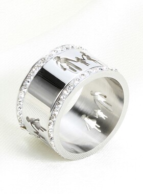 新款欧美母亲节家庭系列12MM两排钻镂空家庭纪念钛钢戒指热卖