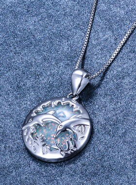 新款跨境925银圆形蓝色澳宝+光面双海豚女式百搭吊坠项链