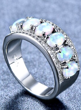 新款6颗椭圆形澳宝白金戒指欧美风大牌夸张指环