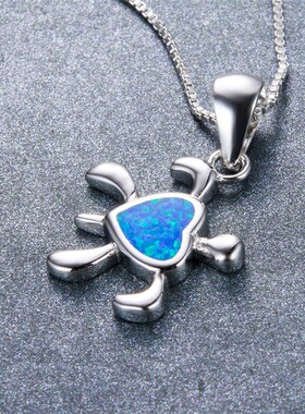 新款亚马逊时尚流行蓝色桃心小乌龟进口澳宝吊坠项链女百搭颈链