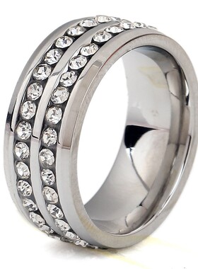 新款欧美跨境ins个性简约6MM双排镶钻不锈钢戒指学生百搭情侣对戒