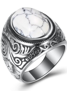 新款欧美跨境亚马逊热卖22MM不锈钢复古绿松石裂纹钛钢百搭指环戒