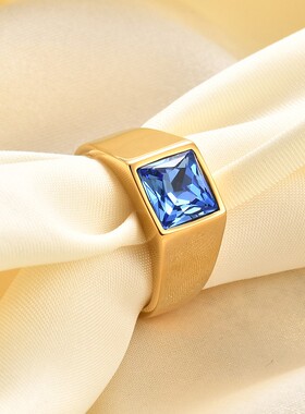 新款欧美跨境不锈钢18K金方形镶锆多色指环个性复古不锈钢戒指女