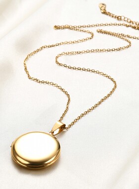 新款欧美跨境热卖时尚相盒项链可打开27MM圆形光面不锈钢相盒项链