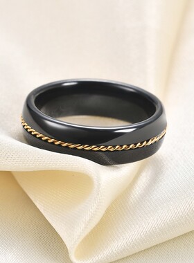 新款欧美跨境个性简约宽6MM镶金不锈钢链条黑白陶瓷戒指情侣