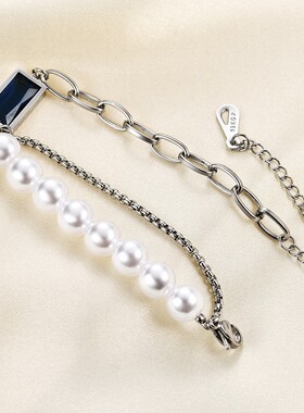 新款欧美跨境创意个性长方形蓝宝石双层拼接链条仿珍珠不锈钢手链