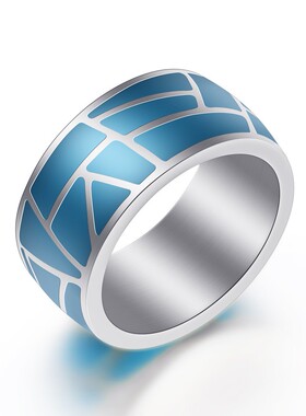 新款厂家直销欧美简约百搭蓝色滴胶仿925男女不锈钢戒指钛钢戒指