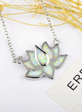 新款亚马逊 ins夏威夷蓝色澳宝莲花项链夏日荷花吊坠毛衣链欧珀