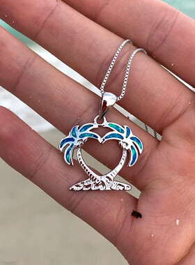 新款Opal澳宝女款时尚夏季锁骨链蓝色澳宝椰树项链澳宝棕榈树吊坠