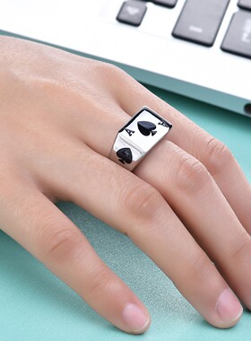 新款欧美ins潮流百搭个性13MM黑桃A钛钢戒指环幸运扑克牌时尚戒指