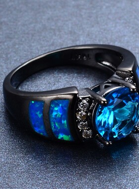 新款欧美跨境时尚黑金蓝色澳宝圆形锆石戒指男士个性指环饰品