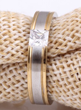 新款欧美简约镶钻渐变金色不锈钢戒指 学生个性百搭钛钢戒指手饰