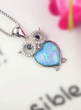 新款 ins风 爆款澳宝蓝色猫头鹰项链夜莺吊坠饰品镶进口欧泊