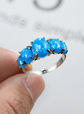 新款跨境SHEIN欧美时尚戒指夸张豪华复古印花蓝色澳宝蛋型戒指