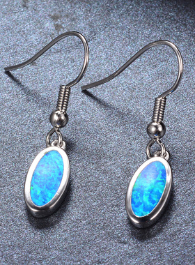 欧美风白金椭圆形蓝色耳环