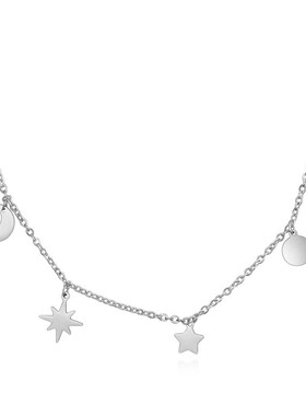 新款欧美跨境个性五角星日月光面不锈钢项链时尚锁骨链毛衣链