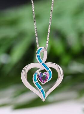 新款时尚白金水蓝钻心形蓝色进口澳宝项链女ins风轻奢颈链
