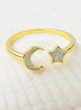 新款Opal澳宝夏威夷风格海洋澳宝星月戒指厂家镶嵌进口欧泊