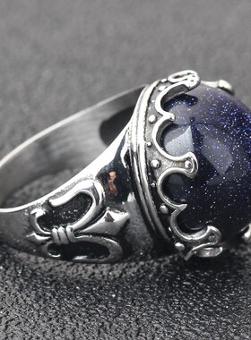 新款欧美热卖18MM创意复古镶嵌百搭个性闪亮蓝砂石不锈钢戒指时尚