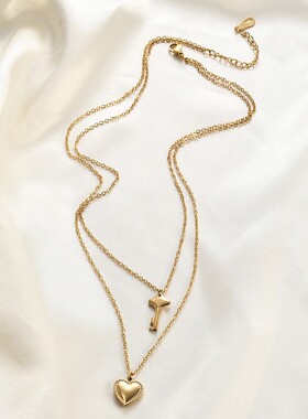 新款欧美跨境网红同款时尚轻奢双层叠戴锁骨链钥匙爱心吊坠钛钢情