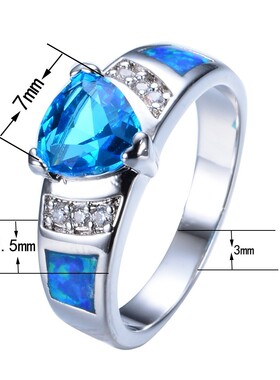 新款欧美时尚饰品两边镶钻白金10KT蓝色澳宝水蓝色小心形百搭戒指