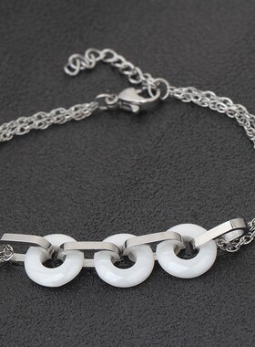 新款欧美黑白三圆10MM拼接陶瓷小清新百搭时尚男女手链钛钢手链女