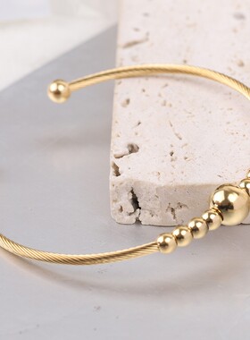 新款欧美跨境热卖不锈钢电缆线3MM圆珠对称可开口手镯弹力钛钢手