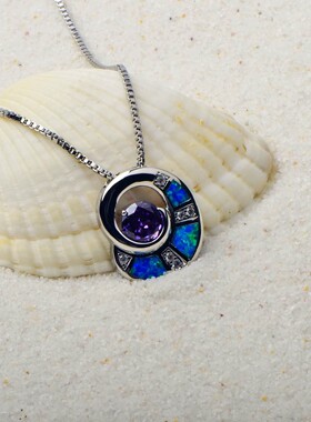 新款 ins风 爆款澳宝蓝色旋涡项链吊坠饰品镶进口欧泊