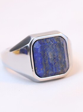 新款厂家 欧美简约复古几何22MM方形镶青金石头不锈钢304钛钢戒指