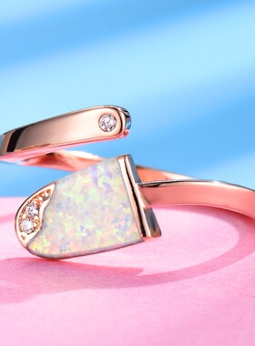 新款欧美亚马逊S925玫瑰金白金蓝白色冰棒状澳宝半椭圆形开口戒指