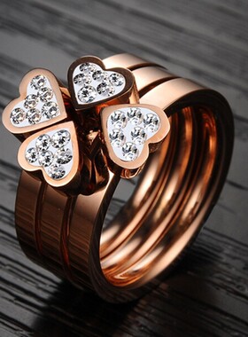新款欧美ins个性简约心形镶钻四叶草套装四合一不锈钢戒指钛钢女