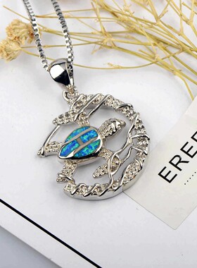 新款亚马逊ins风欧美风蓝色澳宝织网乌龟项链乌龟吊坠毛衣链欧珀