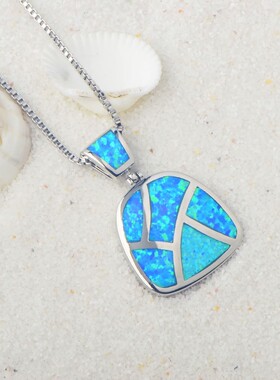 新款 ins风 爆款澳宝蓝色方块形项链吊坠饰品镶进口欧泊opal