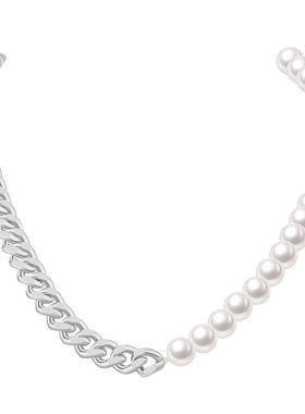 古典风格OT扣古巴链仿珍珠项链不锈钢半链半珍珠拼接相连项链女