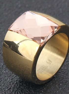 新款欧美复古时尚宫廷扳指钛钢14MM宽不锈钢拉丝镶水晶戒指女士